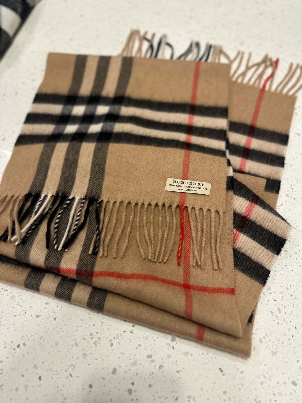 Burberry 100% Cashmere Camel Check Fringe Scarf Made in Scotland